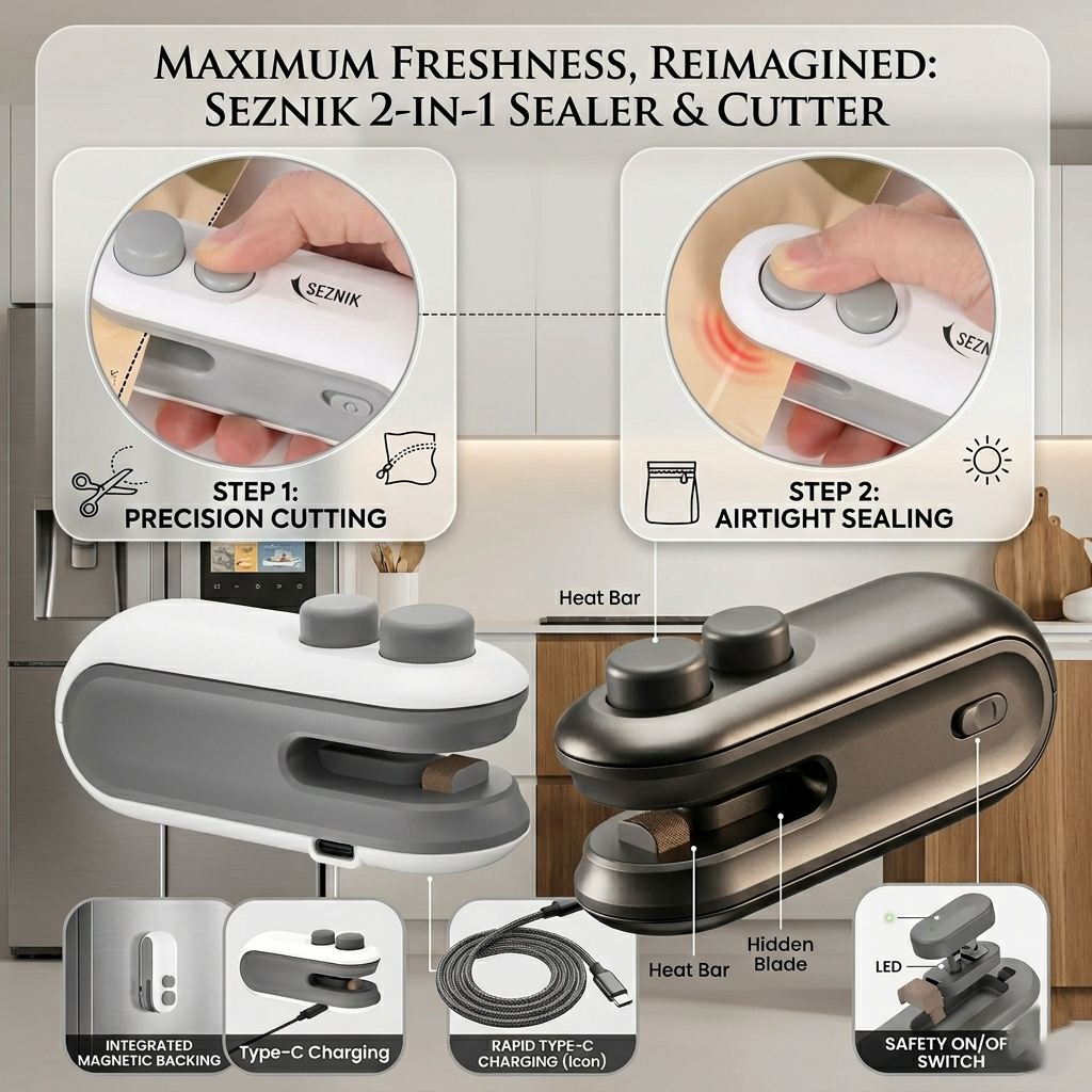 Seznik Mini Heat Sealing Machine – USB Rechargeable Portable Food Packet Sealer & Cutter